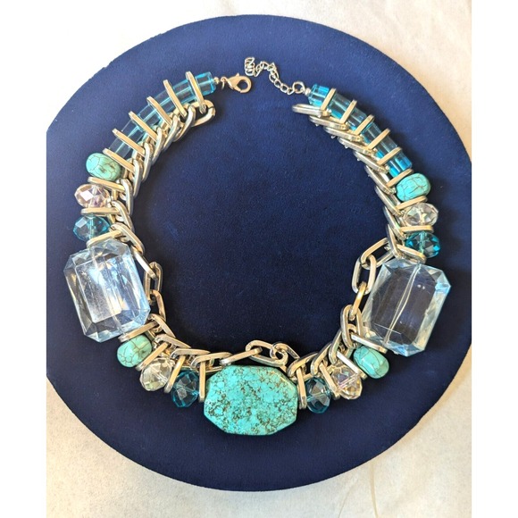 DESIGNER TURQUOISE LUCITE NECKLACE UNSIGNED WTH LG EMERALED CUT LUCITE A STUNNER - Picture 6 of 8
